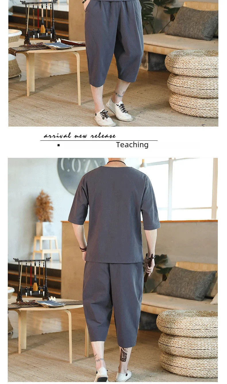 Men's Loose-fit Casual Pants Set Chinese Style Cotton Linen Short Sleeve Shirt Seven-point Shorts Two-piece Suit - Ellianto fashion Men's