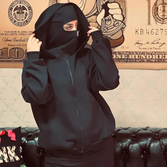 Men’s Balaclava Hoodie – Lightweight Y2K Gothic Harajuku Style with Double Hood, Zipper, and Mask for Winter Streetwear Comfort