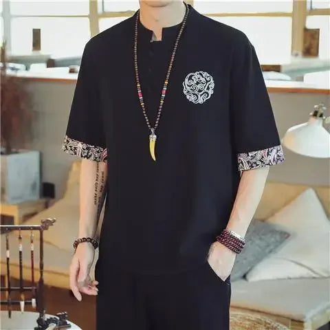 Men’s Chinese-Style Summer Cotton-Linen Short-Sleeve Shirt – Lightweight Comfort with Elegant Embroidered Crane Design for the Modern Gentleman