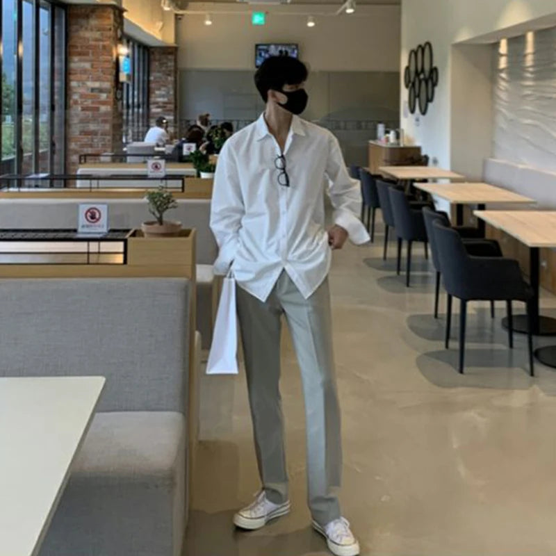 New Korean Business Men Shirts Light Luxury Slim-fit Solid Color Long Sleeve Cardigans Leisure Breathable Solid Color Basic Tops - Ellianto fashion Men's