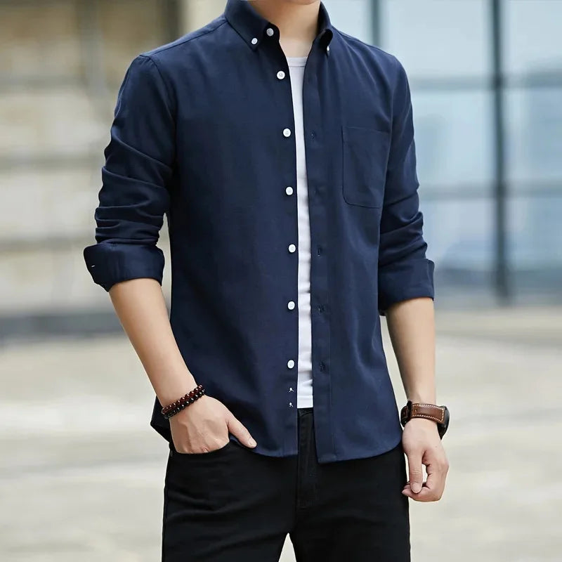 New Hot Sale Of The Season Men's Long Sleeve Oxford Cloth Casual Shirt Slim Fit Korean Style Shirt Comfortable Breathable Spring - Ellianto fashion Men's