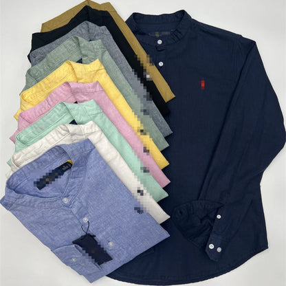 Spring Autumn Men's Linen Cotton Color Simple Embroidery Label Slim Long Sve irt Busin Casual Stand Collar irt - Ellianto fashion Men's