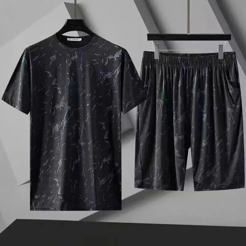 Ice Silk Short Sleeve Short Pants Set Casual Loose Fit Men's Clothing Breathable Sportswear Summer Outfit Two-Piece Suit - Ellianto fashion Men's