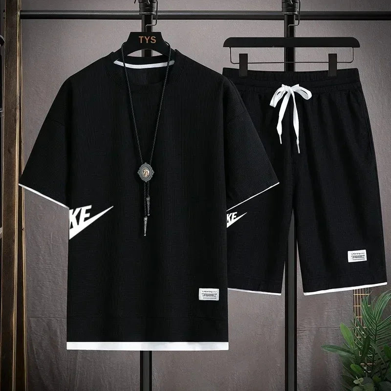 2025 nike Sports fashion casual men's suit summer Korean men's short-sleeved T-shirt + five-point shorts two-piece set - Ellianto fashion Men's