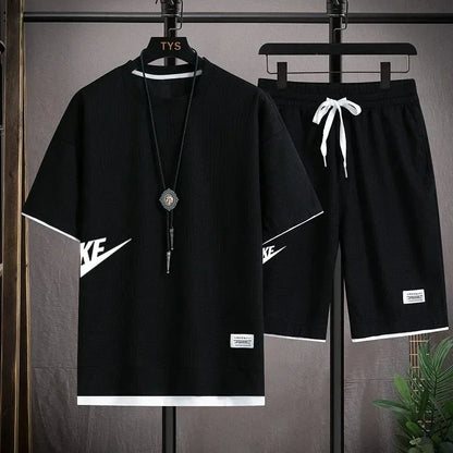 2025 nike Sports fashion casual men's suit summer Korean men's short-sleeved T-shirt + five-point shorts two-piece set - Ellianto fashion Men's