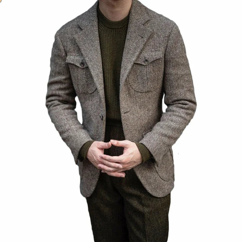 Vintage Business Men Suits Slim Fit Tweed Herringbone Tuxedo Groom Suits For Men Wedding Notch Lapel Jacket Male Blazer - Ellianto fashion Men's