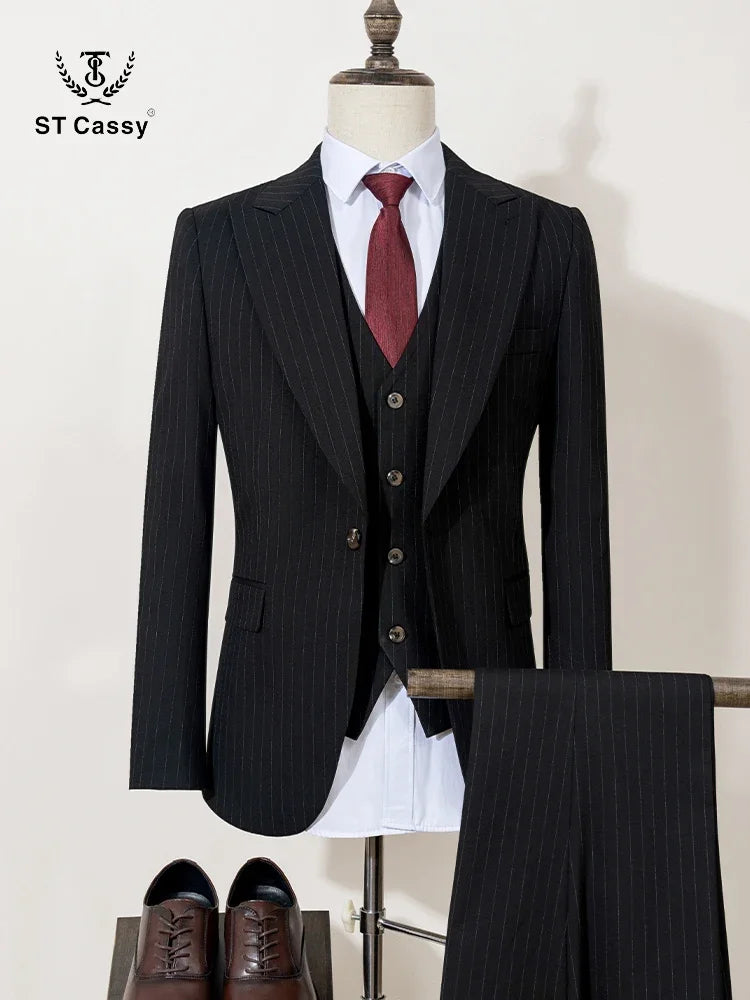ST Cassy high-quality khaki striped suit slim fit luxurious and elegant men's business suit wedding fashion clothing 3-piece set - Ellianto fashion Men's