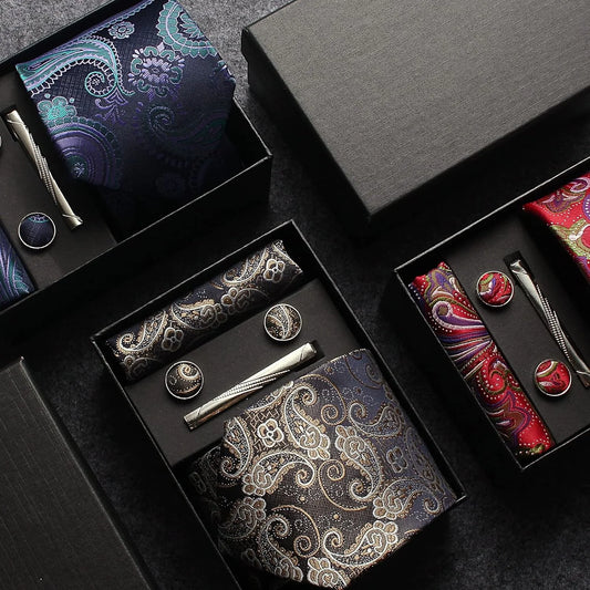 100% Silk Necktie Paisley Floral Mens Tie Top Quality Business Tie Pocket Square Tie Clip Cufflinks Set Classic For Men Gift Box - Ellianto fashion Men's