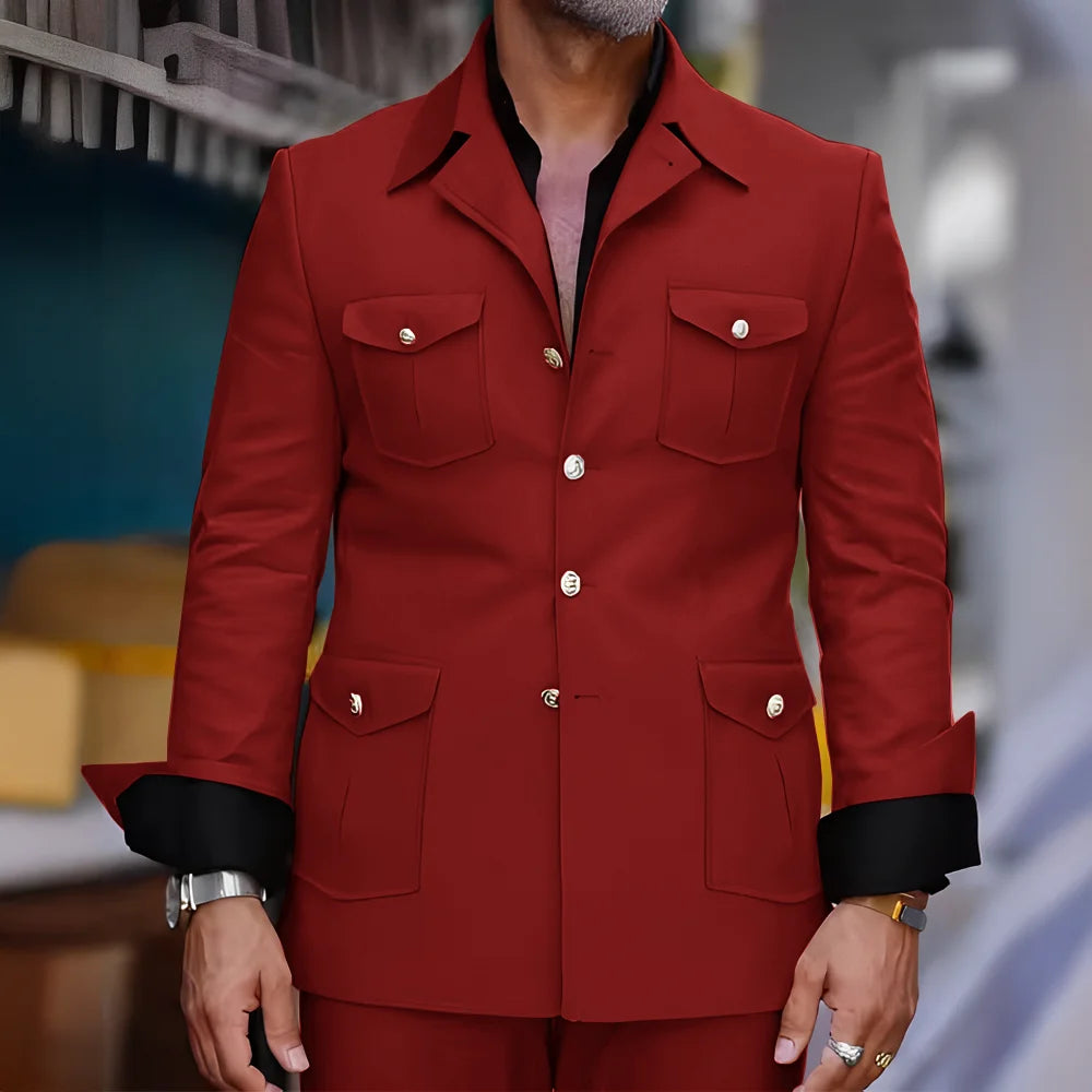 Tailored Casual Men Suits Orange 2 Pieces Set Safari Design Collar Autumn Coat Pant Business Designer Jacket Pant Men Prom Suits - Ellianto fashion Men's