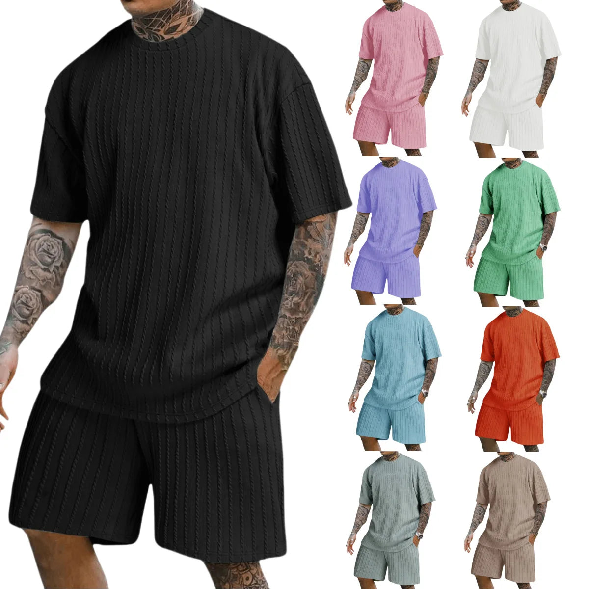 New men's sporty solid-color round-neck pullover vertical striped T-shirt, shorts and short sleeves two-piece casual set 2025 - Ellianto fashion Men's