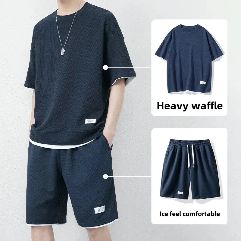 Casual Men's Sportswear Set Summer Short Sleeve Drawstring Shorts Loose Five-Quarter Pants Thin Male Outfit Two-Piece Suit - Ellianto fashion Men's