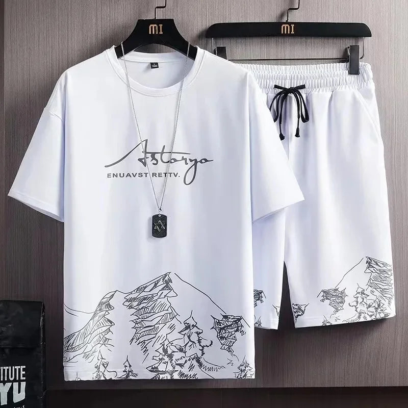 Men's Ice Silk Short Sleeve T-Shirt Suit Summer New Digital Printing Fashionable Korean Style Slims Smooths Your Silhouette Spor - Ellianto fashion Men's