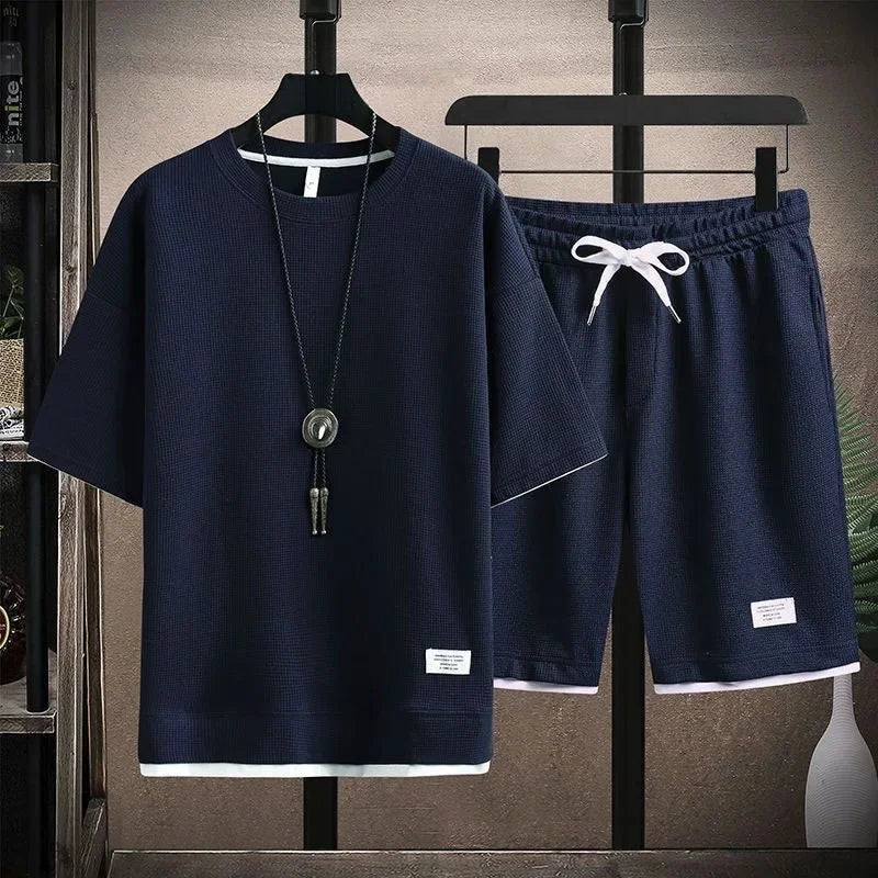 Casual Men's Sportswear Set Summer Short Sleeve Drawstring Shorts Loose Five-Quarter Pants Thin Male Outfit Two-Piece Suit - Ellianto fashion Men's