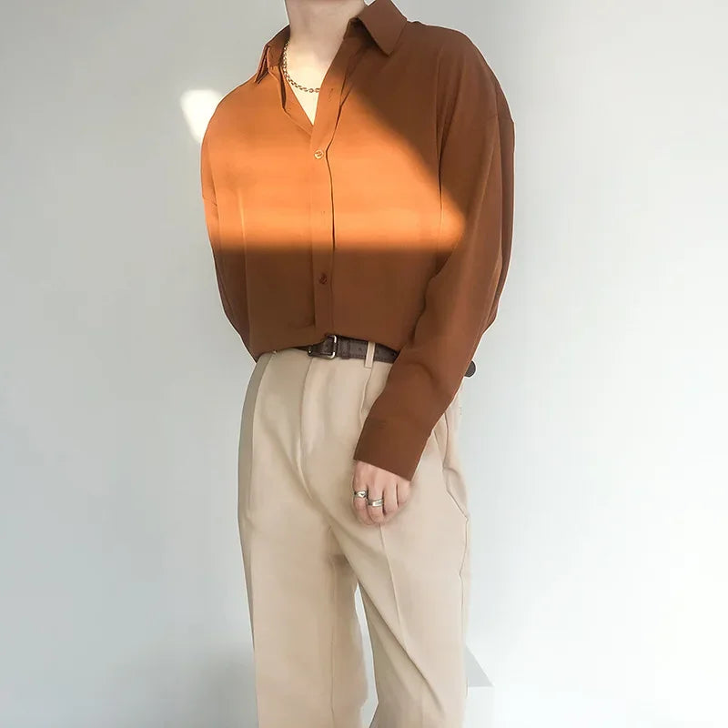 Niche Korean Inselegantvintagedraped Green White Shirt Men Women's Long Sleeve Casual Loose-fit Square Collar Shirt