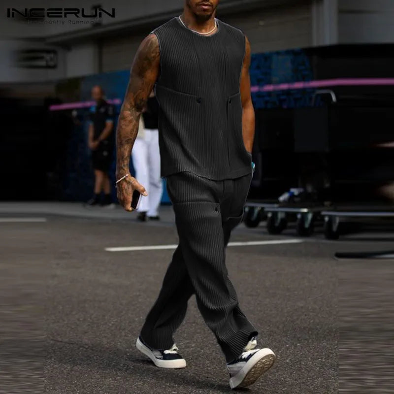 INCERUN Men Sets Solid Color Streetwear O-neck Sleeveless Tank Tops & Pants 2PCS Summer Loose Fashion Men's Casual Suits S-2XL - Ellianto fashion Men's