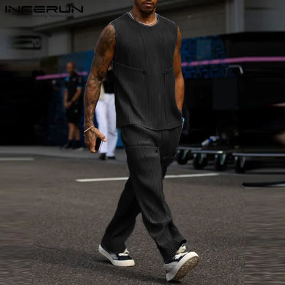 INCERUN Men Sets Solid Color Streetwear O-neck Sleeveless Tank Tops & Pants 2PCS Summer Loose Fashion Men's Casual Suits S-2XL - Ellianto fashion Men's