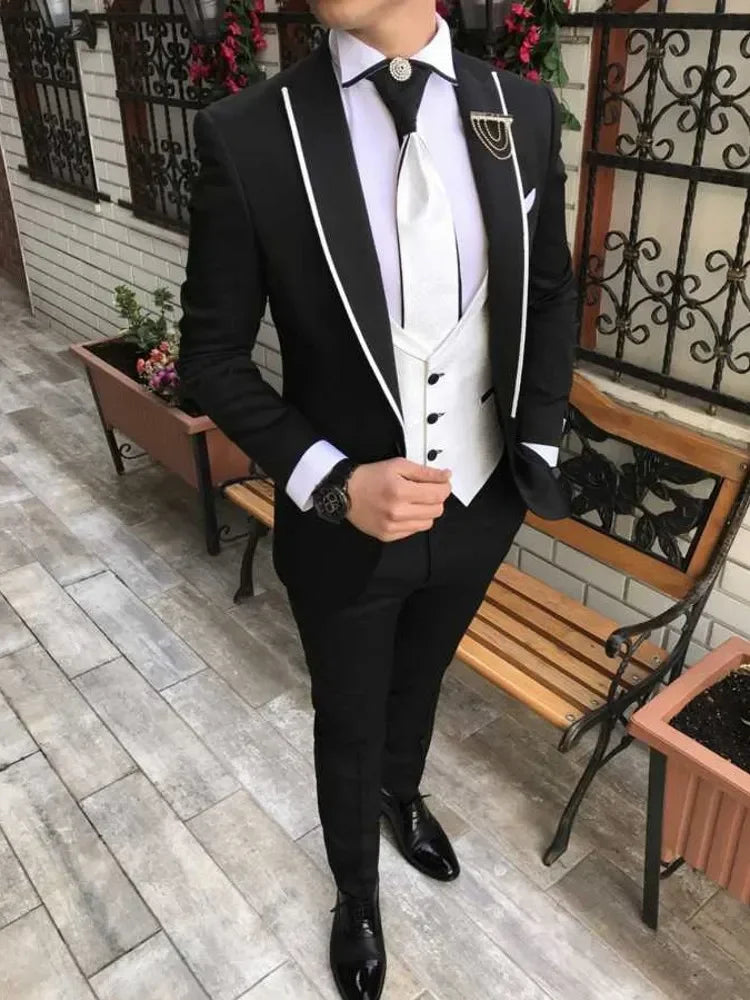 Slim Fit Formal Men Suits 3 Pcs Groom Tuxedos Notch Lapel Olive Green Groom Tuxedo for Wedding Best Man (Jacket + Vest + Pants) - Ellianto fashion Men's