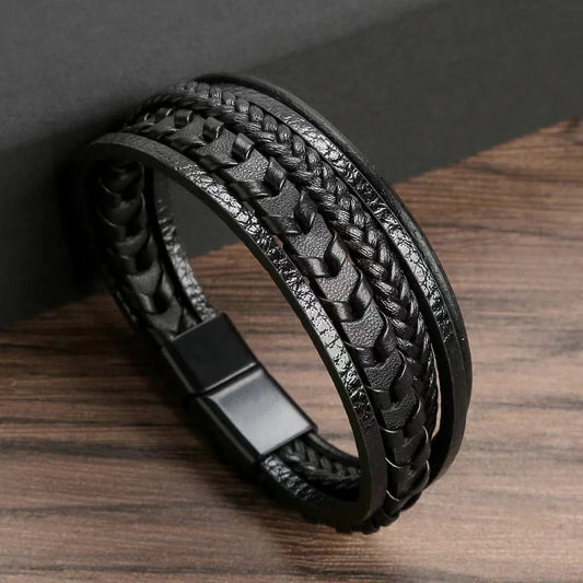 1pc Fashion Accessories MEN'S Multi-layered Vintage Leather Rope Braided Bracelet Alloy Magnetic Buckle Bracelet - Ellianto fashion Men's