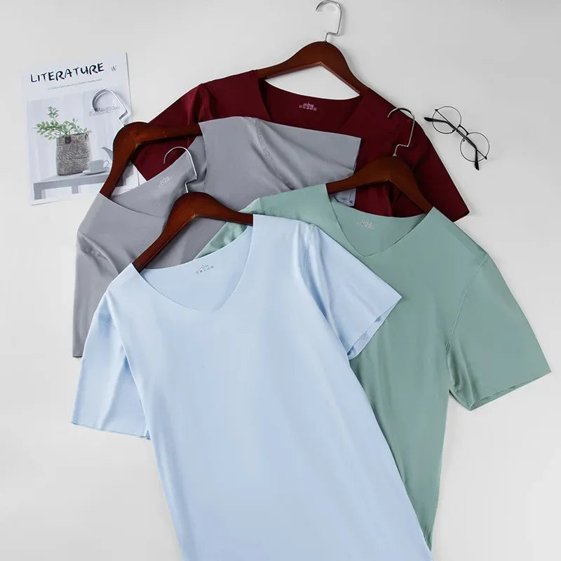 Men's Skinny Undershirt Plus Size Ice Silk Basic Shirts Breathable V-Neck Seamless T-shirt Underwear Thin Slim Bottoming Shirt - Ellianto fashion Men's