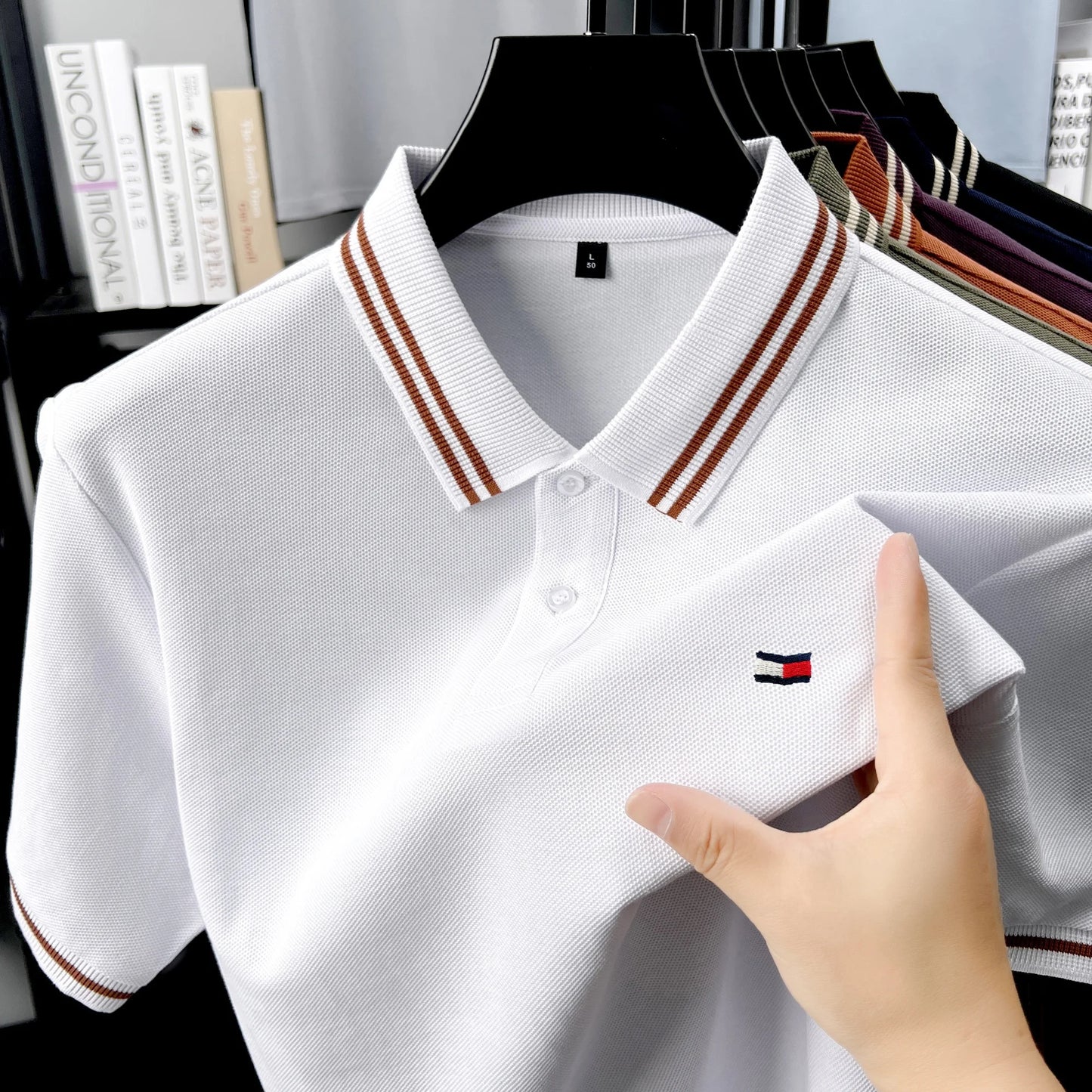 100% pure cotton summer men original embroidered short sleeved fashionable striped lapel shirt polo shirt breathable T-shirt top - Ellianto fashion Men's