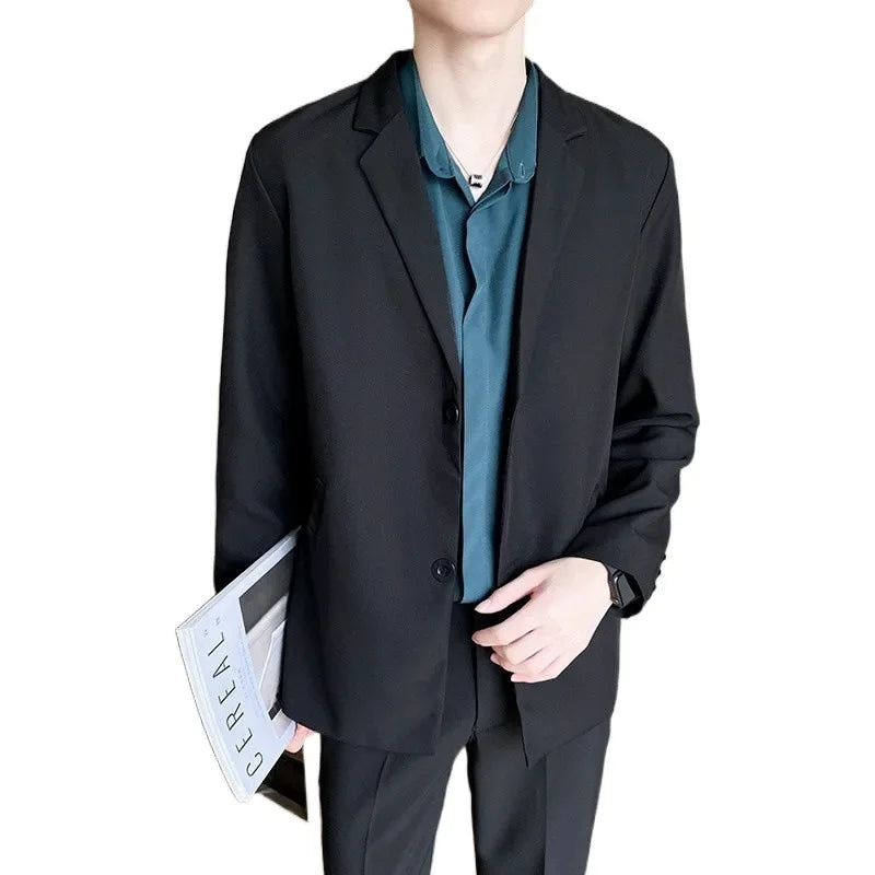 Casual Black Single-Breasted Men's Suit Jacket Korean Trendy Brand Business Spring Autumn Fashionable Small-Sized Menswear - Ellianto fashion Men's