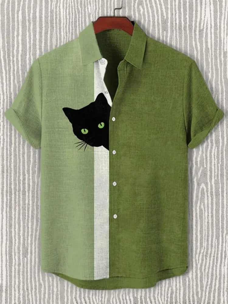 Men's Funny Shirts Harajuku Japanese Men Fun Hide And Seek Black Cat Print Casual Shirt 2025 Summer Holiday 3D Printing Blouse T - Ellianto fashion Men's