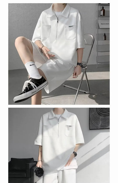 Ice Silk Short Sleeve Polo Shirt Men Summer Trendy Shorts Casual Sports Set Seven Half Zipper Comfortable Thin Male Clothing - Ellianto fashion Men's