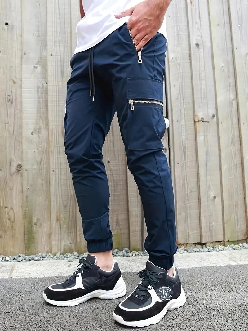 Men's Everyday Casual Zipper Pocket Pants Slim-Fit Pencil Pants Street Functional Small Foot Pants - Ellianto fashion Men's