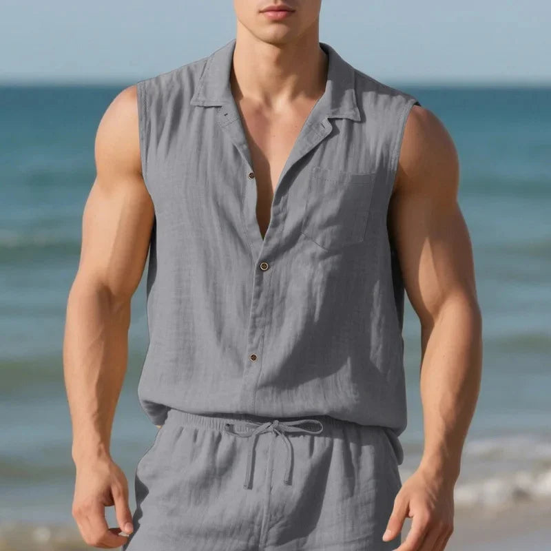 Men’s Summer Linen Sleeveless Open Shirt – Lightweight, Breathable Comfort with Relaxed, Sophisticated Style for the Modern Gentleman