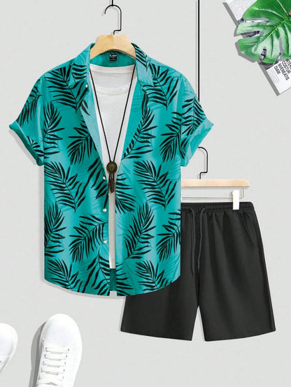 Set Summer Fashion Men's Suit Elegant Plant Printing Pattern Short-sleeved Lapel Shirt And Drawstring Shorts Leisure Two-piece Suit - Ellianto fashion Men's