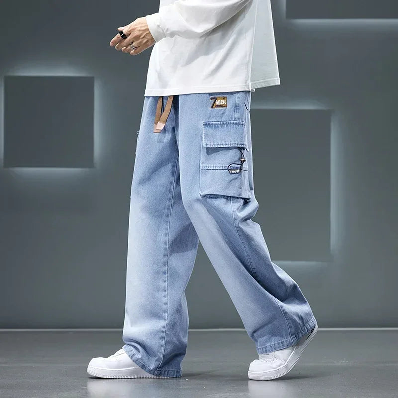 8XL Jeans New Wide Leg Washing Pants Men Trousers Neutral Solid Color Loose Casual Korean Fashion Pocket Plus Size Cargo Pant - Ellianto fashion Men's