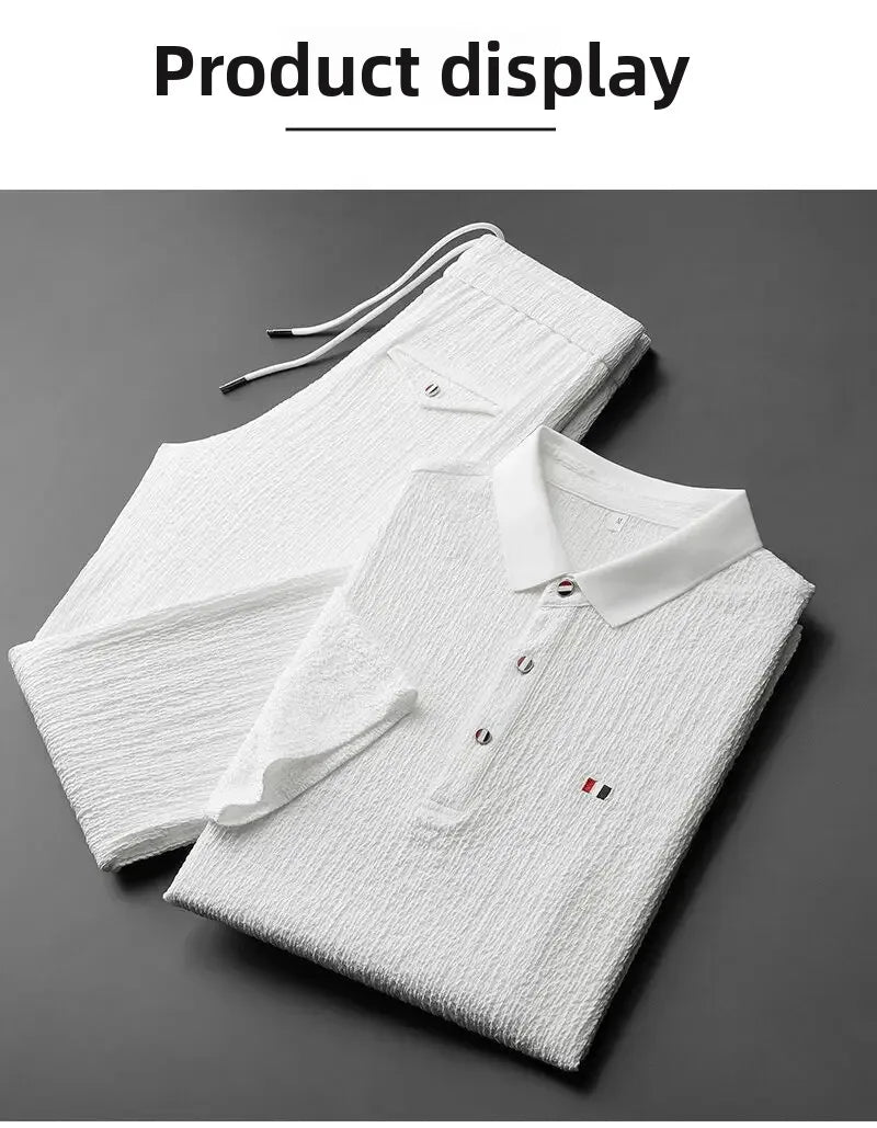 Summer Men's Casual Thin Polo Collar Two-Piece Suit Set Fashionable Flip Collar Male Clothing Full Set Integrated Ensemble - Ellianto fashion Men's