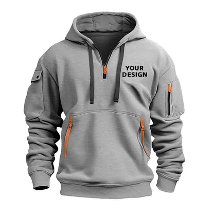European New Men's Sports Zipper Arm Pocket Loose Casual Sweatshirt Customize Your Logo Dropped Shoulder Hooded Jacket Pullover - Ellianto fashion Men's