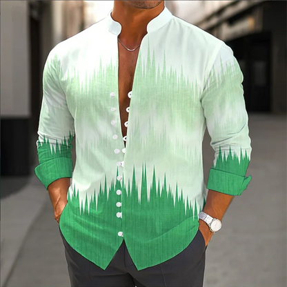 Men's Long Sleeve Shirt Cross Border Summer 3D Bamboo Print Flower Vintage Flip-Neck Long Sleeve Button Top