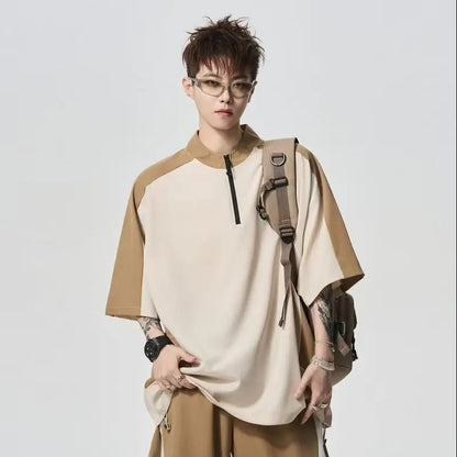 2025 New Men's Black Gray Color Blocked T-shirt Mountain Style Quick Drying Training Suit Fashionable Zipper Collar Sports Top - Ellianto fashion Men's