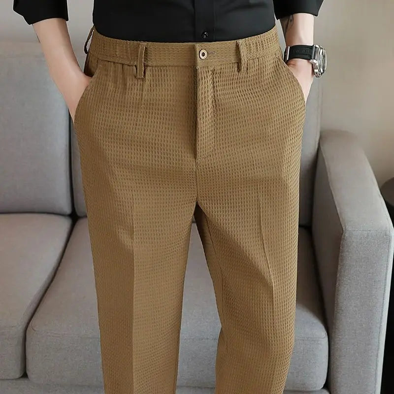Trousers For Men Social Tailoring Slim Fit Khaki Business Waffle Tressed Work Wear Man Suits Pants Luxury Luxury Spring Clothes - Ellianto fashion Men's