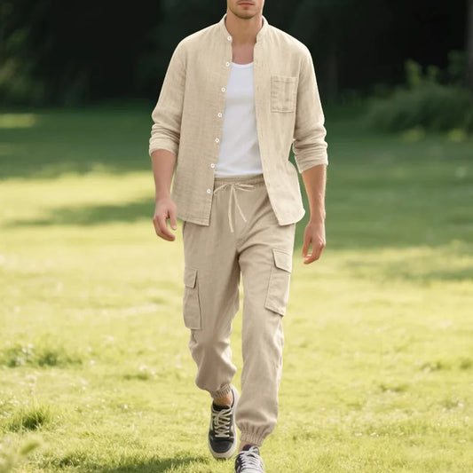 Spring and Summer Men's Linen Button Long Sleeved Shirt and Pants Set, Fashionable, Casual, Breathable, Quick Drying 2-Pie Set - Ellianto fashion Men's