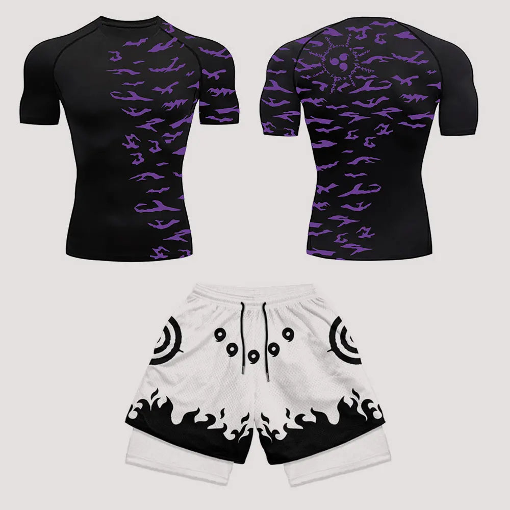 Men’s Anime Print Tracksuit – 2-Piece Breathable Sports Set with T-Shirt, Shorts & Joggers