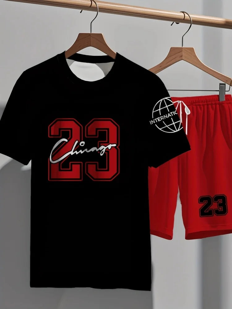 Set 2025 trend Printed Short Sets Tracksuit Plus Size Short-Sleeve Summer Tees $ Shorts Suit Holiday Sports Basketball Number Set - Ellianto fashion Men's