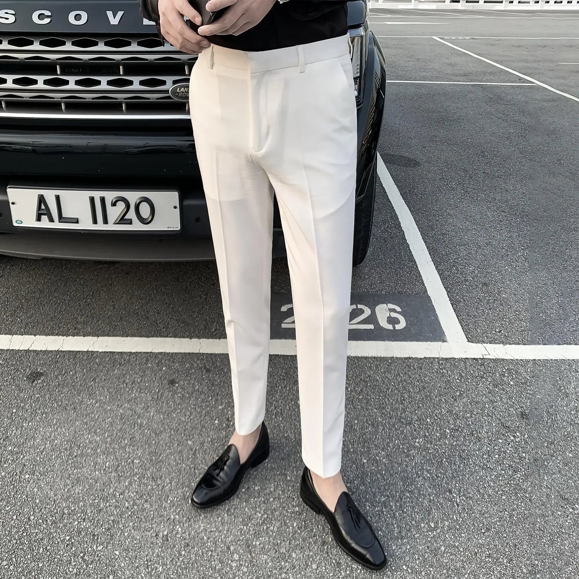 2025 Tressed Male Suit Trousers White Slim Fit Men's Summer Pants Straight 2024 Luxury Formal Work Wear New In Fabric Elegant Luxury - Ellianto fashion Men's