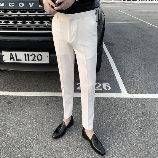 2025 Tressed Male Suit Trousers White Slim Fit Men's Summer Pants Straight 2024 Luxury Formal Work Wear New In Fabric Elegant Luxury - Ellianto fashion Men's