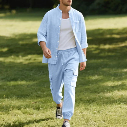 Spring and Summer Men's Linen Button Long Sleeved Shirt and Pants Set, Fashionable, Casual, Breathable, Quick Drying 2-Pie Set - Ellianto fashion Men's