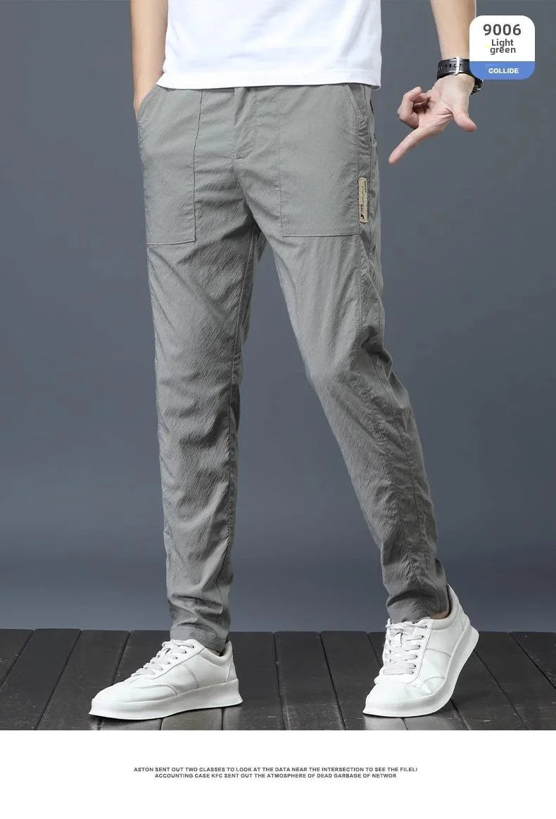 Men's Summer Thin Casual Pants Breathable Ice Silk Elastic Straight-leg Loose-fit Quick Dry Pants Trendy Versatile Long - Ellianto fashion Men's
