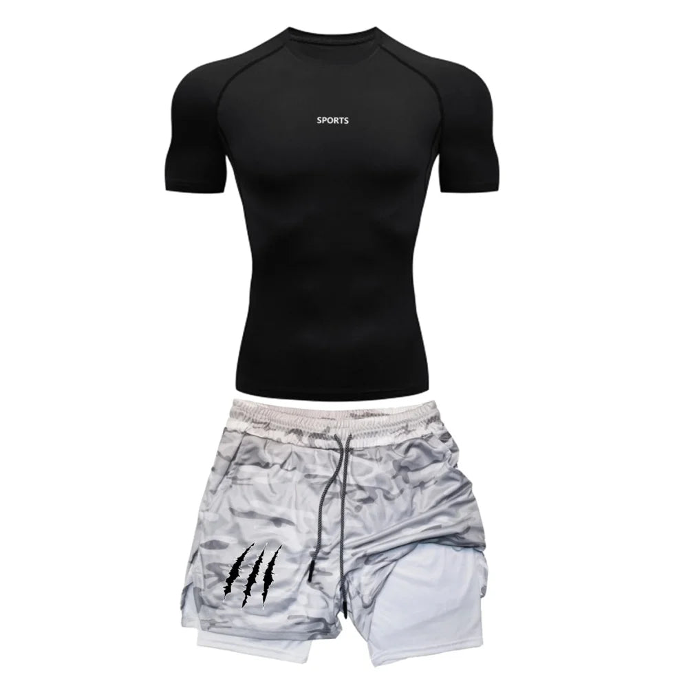 Men’s Sports Compression Set – Quick-Dry Rash Guard Top & 2-in-1 Stretch Shorts for Gym & Training