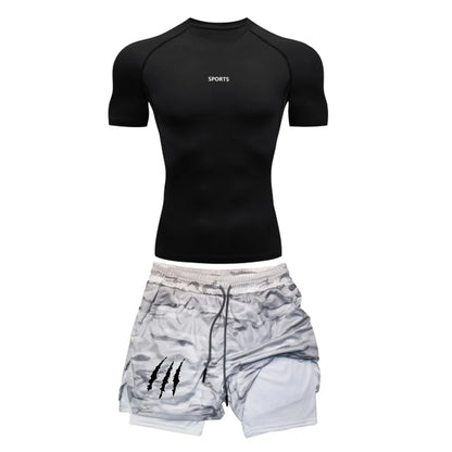 Men’s Sports Compression Set – Quick-Dry Rash Guard Top & 2-in-1 Stretch Shorts for Gym & Training