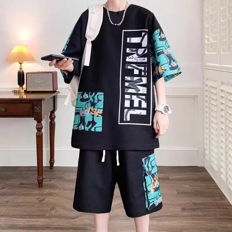 Set Suit High Street Fashion T-shirt Shorts Two-piece Set Men Retro New Neck Top Designer Clothes Men - Ellianto fashion Men's