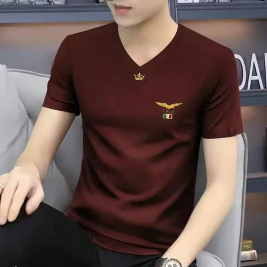Trendy V-Neck Men's Short Sleeve T-Shirt Casual Slim Fit Summer New Style Sports Top For Smooth Slimming Men