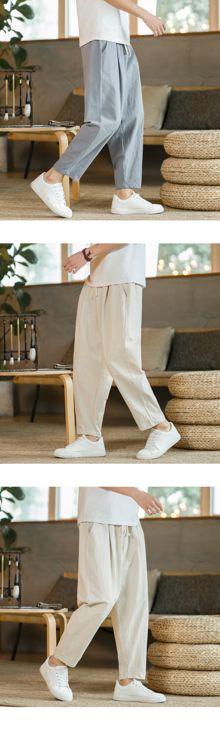 Men's Trousers Cotton Linen Fashion Casual Pants Solid Color Breathable Loose Shorts Straight Drawstring Pants Streetwear Men - Ellianto fashion Men's