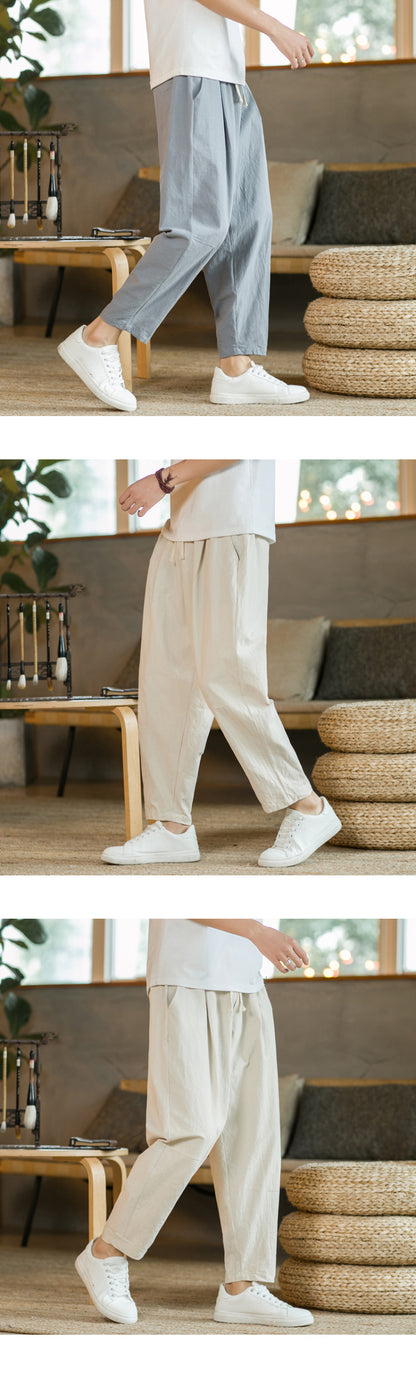 Men's Trousers Cotton Linen Fashion Casual Pants Solid Color Breathable Loose Shorts Straight Drawstring Pants Streetwear Men - Ellianto fashion Men's