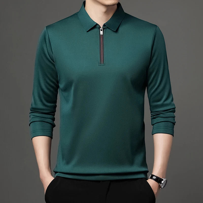 New T Shirt Zipper Polo Shirt Male Fashion Turn-Down Collar Long Sleeve Business Men Clothes - Ellianto fashion Men's